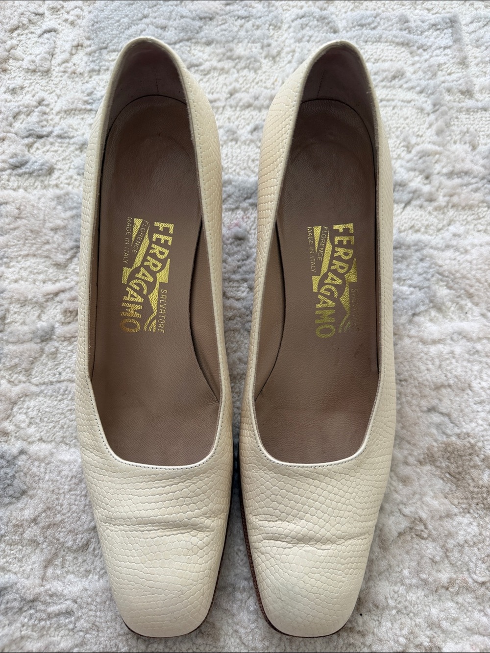 Salvatore Ferragamo Cream Textured Leather Flats